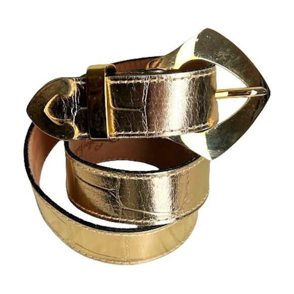 Carlos Falchi Gold Metallic Leather Belt Womens Size M/L Alligator Croc Embossed - Picture 1 of 7